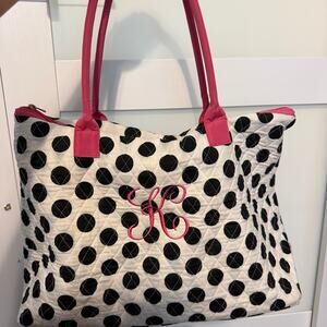Belvah Quilted Tote Bag Black White Polka Dot Pink Monogram K Shoulder Bag